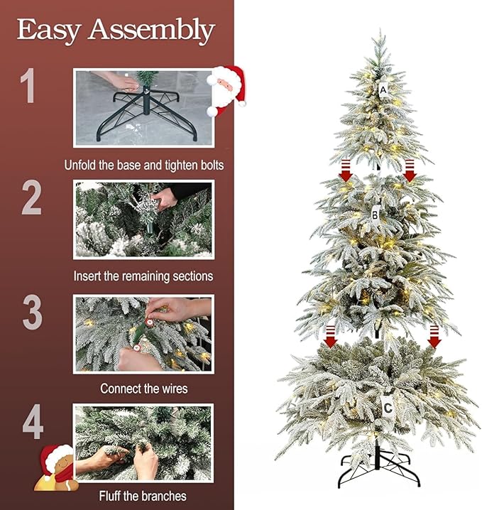 7ft Slim Flocked Christmas Tree, Pre-lit Christmas Tree with 767 Premium PE&PVC Tips, 250 Warm White LED Lights, Skinny Noble Artificial Xmas Trees for Home, Corner, Narrow Place Holiday Decoration