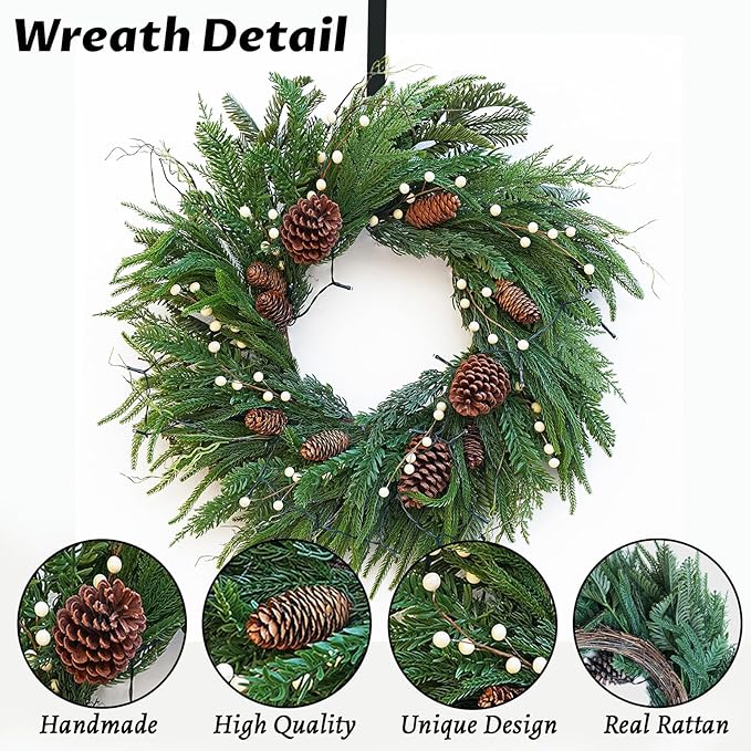Prelit Christmas Wreaths for Front Door 24 Inch- Real Touch Norfolk Pine Wreath with Lights,Green Evergreen Outdoor Xmas Wreath with Natural Pine Cones and Berries for Farmhouse Home Decor