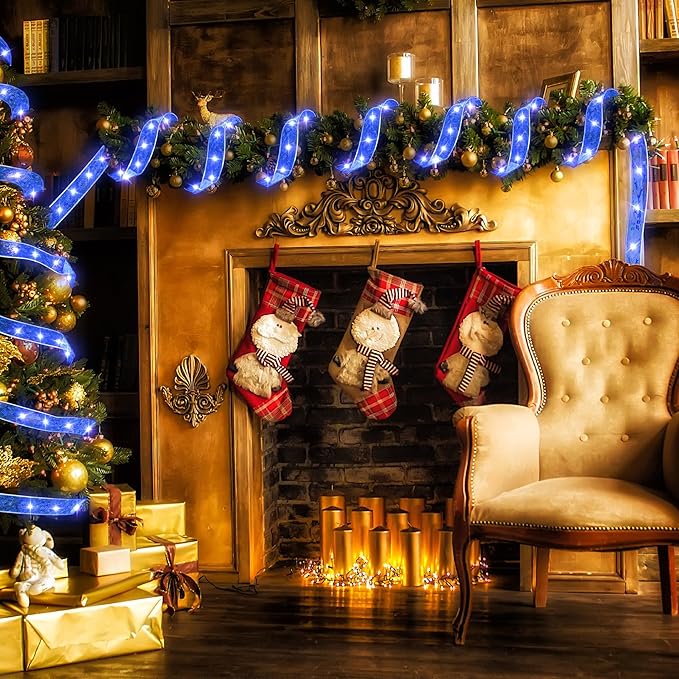 Christmas Decorations, 2.5Inch x 33Ft 100 Led Christmas Tree Ribbon Lights with Remote Control, Battery Operated & USB Powered 8 Lighting Modes Fairy String Lights with Timer for Xmas Decor