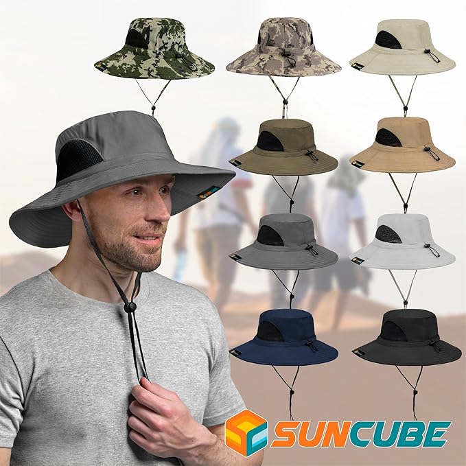 SUN CUBE Wide Brim Sun Hat Men Women, Fishing Hats Sun UV Protection, Mens Hiking Bucket Hat Safari Beach Boonie, UPF 50+