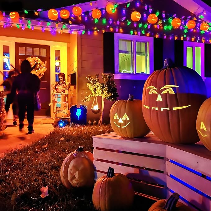 KAQ 2PK 100LED Orange Purple and Green C9 Halloween Lights Waterproof Indoor Outdoor, Extendable 98FT String Lights Plug in with 13 Lighting Modes, Halloween Decorations for Party, Outside Yard Decor