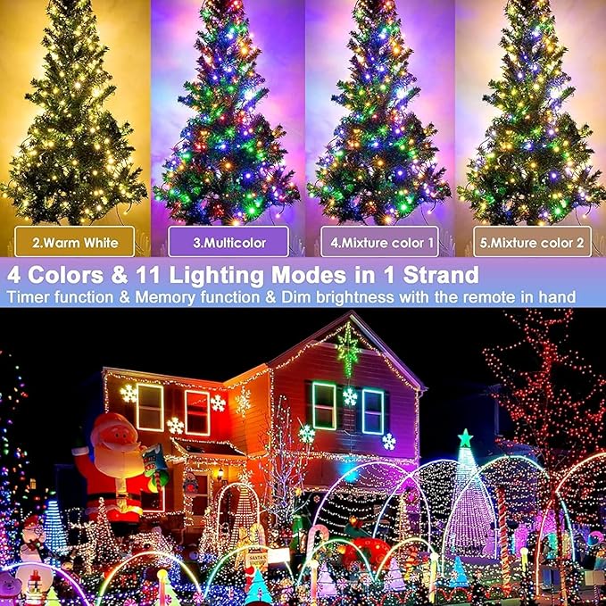 Hezbjiti 337 FT 720 LED Color Changing Christmas Lights Outdoor, 11 Modes String Lights IP44 Waterproof Fairy Light for Party Tree Garden Wedding Decorations (Warm White to Multicolor, Green Wire)
