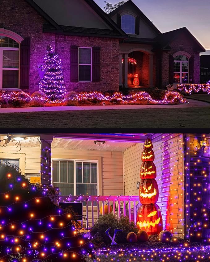 JACKYLED 300LED Purple & Orange Halloween Lights, 109FT Outdoor String Lights Connectable, Memory Function, 8 Modes Indoor Halloween Decorations for Party Carnival Supplies, Outdoor Yard Garden Decor