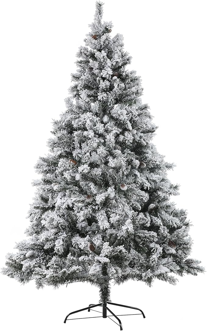 LuxenHome 7ft Flocked Christmas Tree with Lights, Full Artificial Christmas Tree with 350 Warm White LED Lights, and Snow Flocked Branches, Prelit Pine Tree for Indoor, Outdoor Holiday Décor