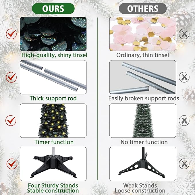 HMASYO 5 FT Pop Up Christmas Tree with Timer Lights, Black Christmas Tinsel Tree, Collapsible Artificial Pencil Christmas Tree for Indoor Home Apartment Porch Holiday Party Decorations