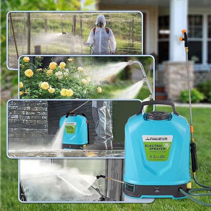 LANUEVA 5.28 Gallon Battery Powered Sprayer with Mixing System, Backpack Electric Sprayer with 6 Mist Nozzles, Telescopic Wand, Shoulder Strap, 78-101 PSI Adjustable Pressure for Lawn & Garden (20L)