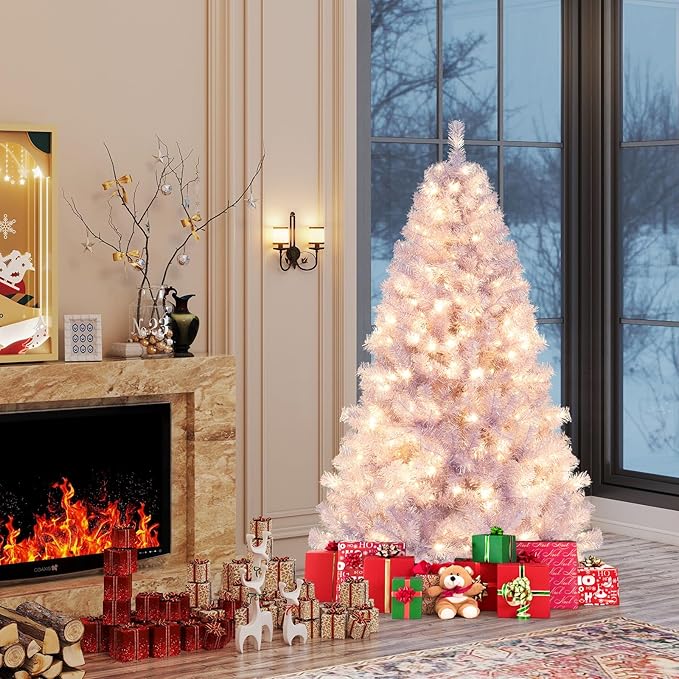 Goplus 6 FT Pre-Lit Tinsel Christmas Tree, Artificial Hinged Xmas Tree with 250 Warm White LED Lights, 8 Modes, 688 Lush Branch Tips, Metal Stand, Home Office Seasonal Holiday Decoration, Lavender