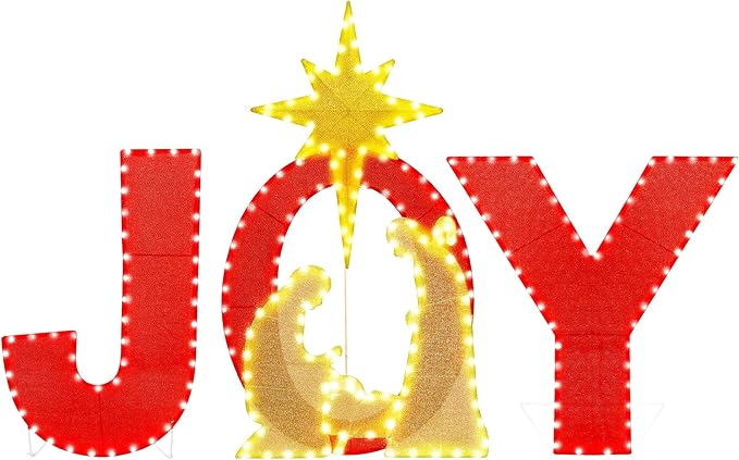 Prsildan 3.3FT x 2FT Christmas Decorations Outdoor- Lighted Joy Yard Sign, Outdoor Nativity Scene Set with 250 LEDs, Outside Christmas Decor for Porch, Lawn