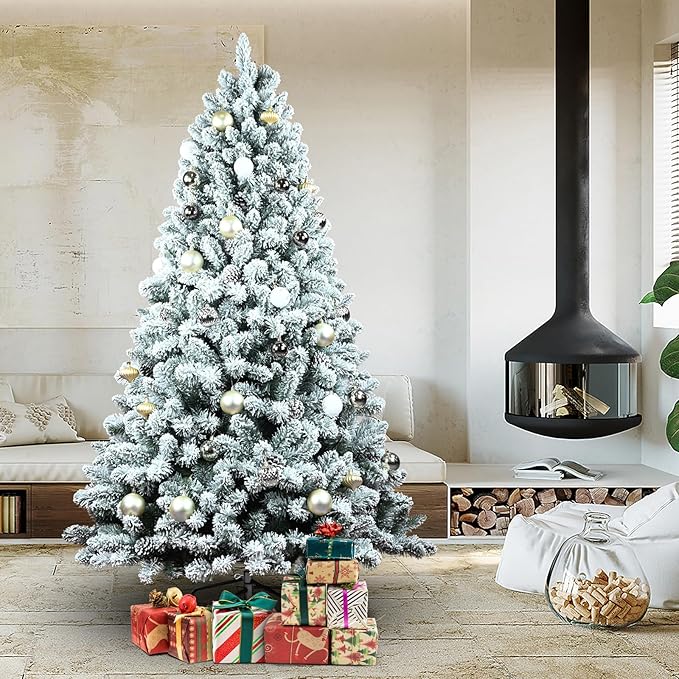 7ft Snow Flocked Christmas Tree, Premium Hinged Unlit Artificial Christmas Pine Tree with Pine Cone, Artificial Xmas Tree for Home Office Store, Metal Stand and Hinged Branches