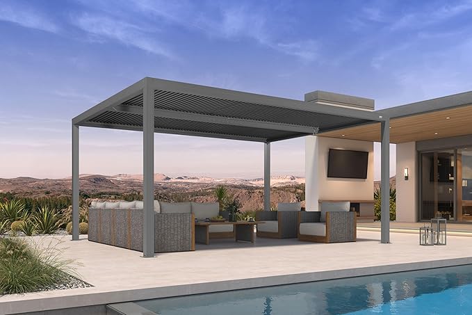 PURPLE LEAF Louvered Pergola 12' x 16' Outdoor Full Aluminum Pergola with Adjustable Rainproof Roof Modern Retractable Patio Hardtop Gazebo for Deck Backyard Garden Slate Grey