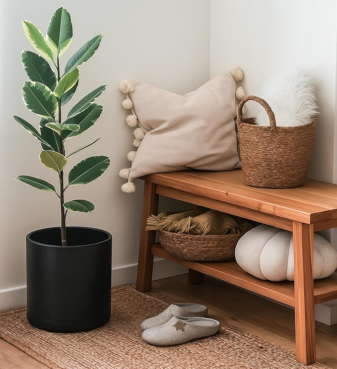 D'vine Dev 10 Inch Plastic Planter Pots for Plant Pot with Drainage Hole and Seamless Saucers, Black Color, 74-X-B-2