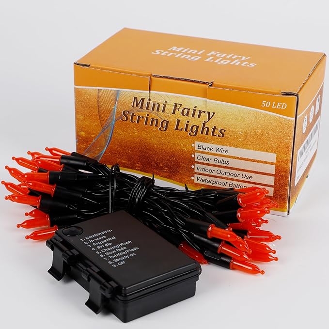 WATERGLIDE 50 LED Outdoor Halloween Lights, 16 FT Mini String Light with 8 Modes, Waterproof Battery Operated Tree Lights for Indoor Outdoor Patio Garden Party Wedding Decoration, Orange