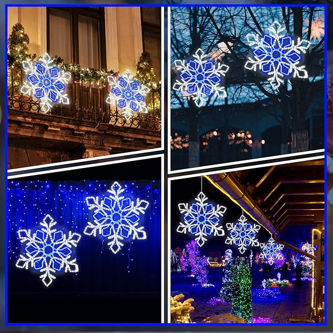 36 Inch Christmas Snowflake Lights Outdoor Decor, Waterproof Blue & White LED Large Light Up Christmas Snowflake Hanging Decorations for Yard Porch Window Holiday Party Winter
