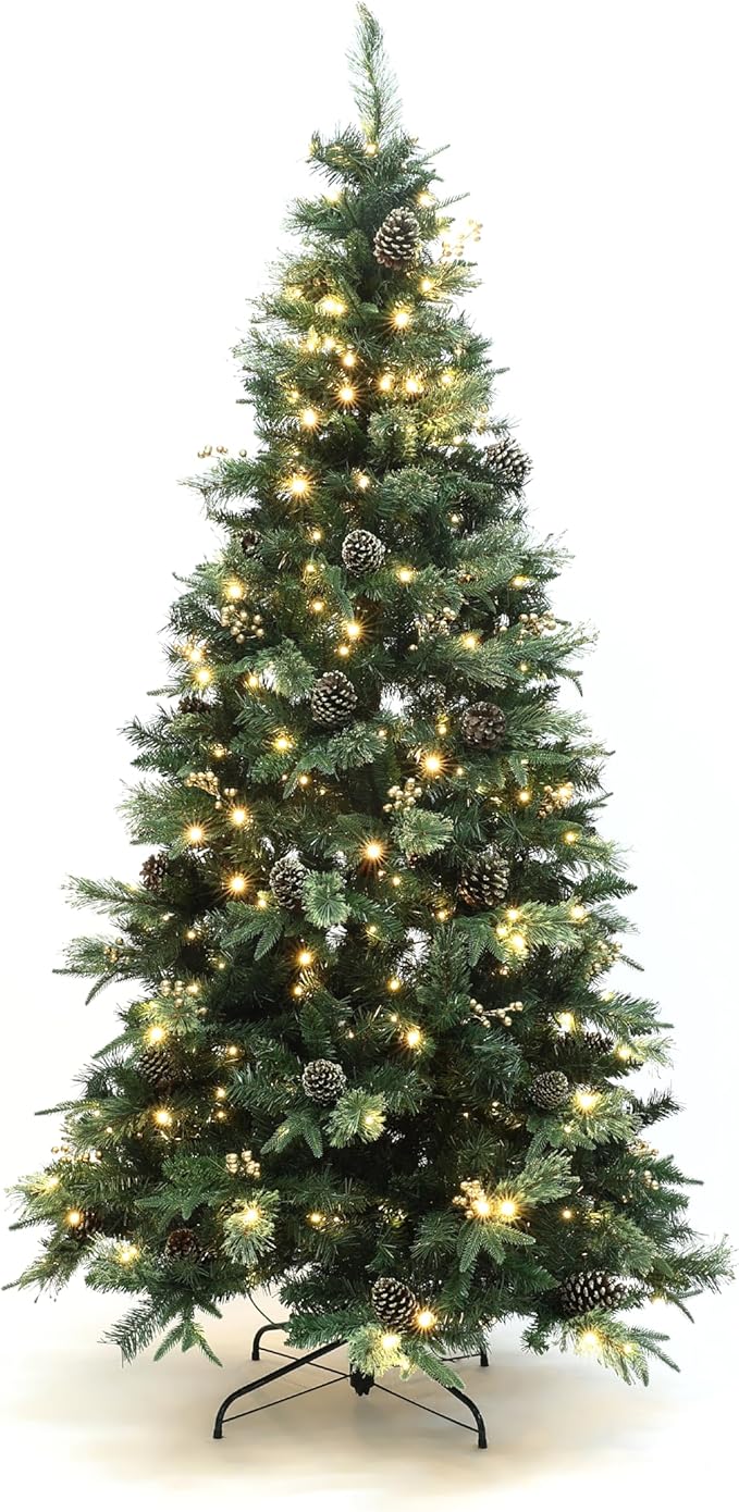 LuxenHome 6.5FT Prelit Christmas Tree with Lights, Slim Artificial Christmas Tree with 300 LED Lights and Pine Cone, 978 PE+PVC Branch Tips, Plug-in Prelit Pine Tree Indoor, Outdoor Holiday Décor