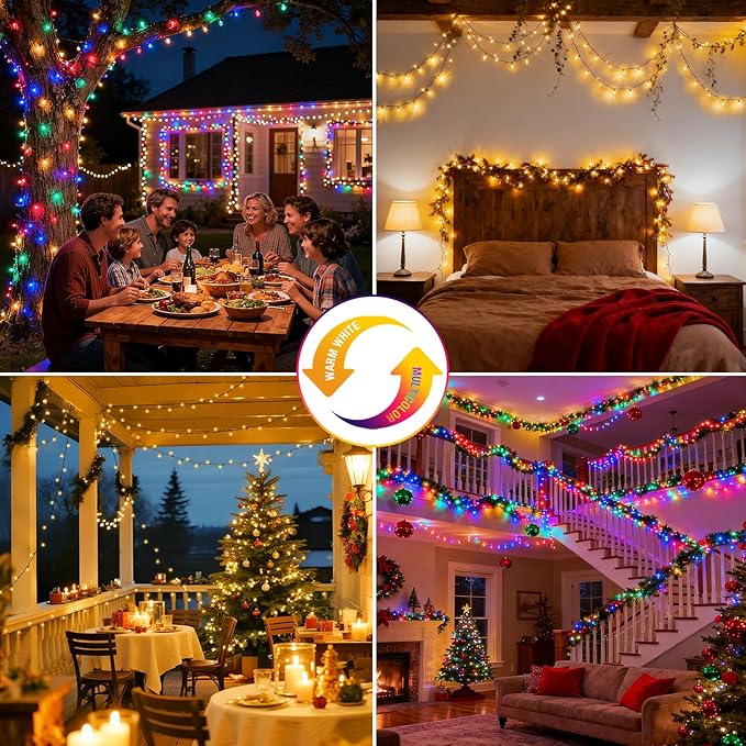 btfarm Color Changing Christmas Lights Outdoor, 49FT 100 LED Christmas Tree Lights Indoor with Remote, Timer Twinkle String Light Waterproof for Xmas Wedding Party Decor, Warm White & Multicolor