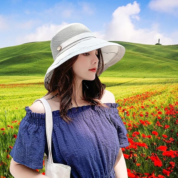 Women Wide Brim Sun Hats Metal Wired Edge Summer UV Protection Beach Fishing Hat for Hiking Garden Travel Chin Strap