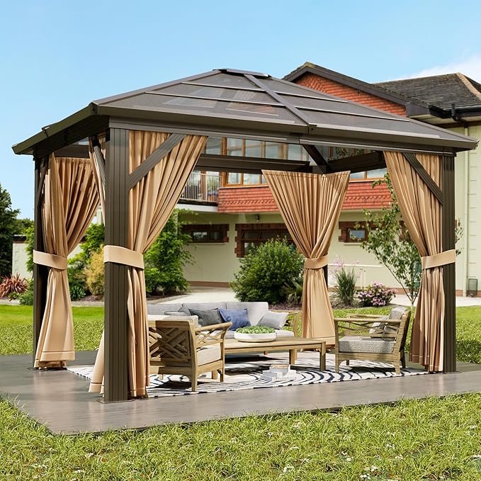 10X12 FT Outdoor Polycarbonate Hardtop Gazebo, Outdoor Gazebo with Mesh Nettings and Sunshade Curtains, Aluminium Frame Gazebo for Terrace, Courtyards, Lawn and Deck
