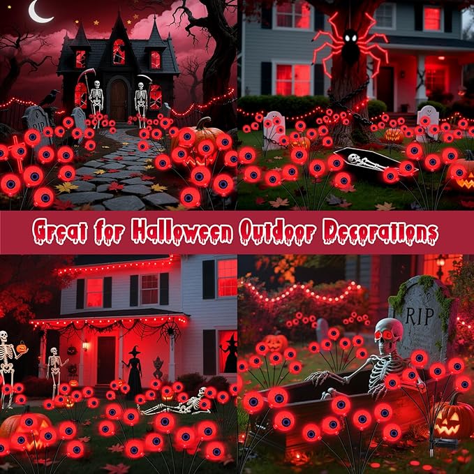 Halloween Decorations Outdoor, 6 Pack 36 LED Solar Scary Eyeball Swaying Lights, Red Solar Firefly Light Waterproof Outdoor Garden Lights for Halloween Yard Garden Party