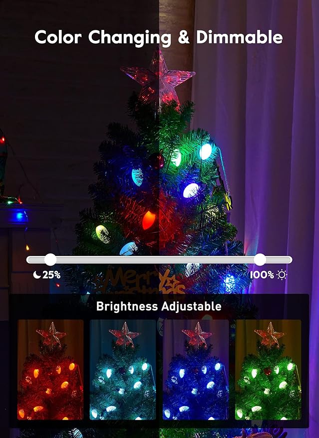 Brightown C9 LED Christmas Lights Outdoor, 150 LED RGB Smart Christmas Tree Lights with Music Sync APP Controlled, Waterproof Connectable C9 String Light for Indoor House Party Patio Garden Decor