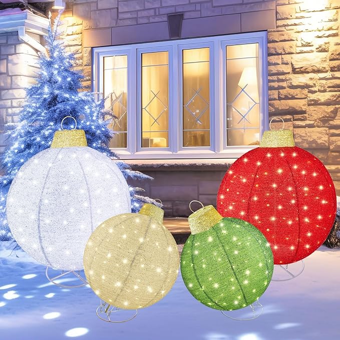 HOYECHI 4-Piece Oversized Christmas Ornament Set β Lighted Holiday Balls with 400 LEDs, 8 Lighting Modes, Waterproof Outdoor Yard Decorations - Red/Green/White/Yellow