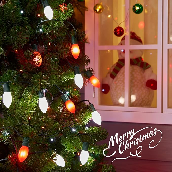 Vintage C9 LED Christmas Lights Outdoor, 100 Feet C9 String Lights with 100 Shatterproof C9 Bulbs, Waterproof Connectable Christmas Tree Lights for Outside Roofline Patio Xmas Decor, Red & Pure White