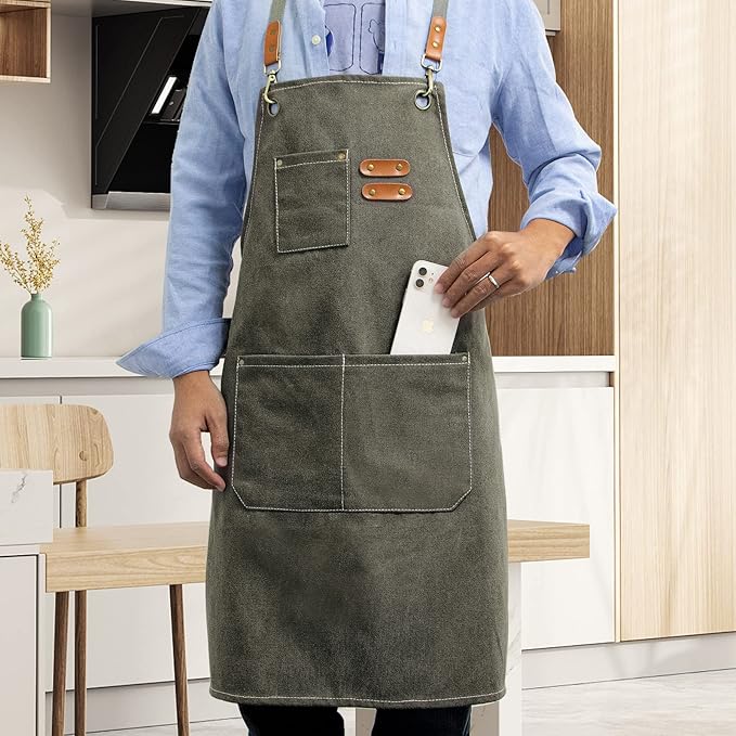 Apron for Men Women with Pockets Cotton Canvas Cross Back Heavy Duty Adjustable Work Apron