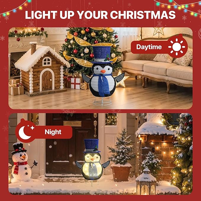 GENIMO Penguin Outdoor Christmas Decorations, 30 Lights Pop-up Lighted Warm White Light Pre-Lit Penguin with Hat for Holiday Decor Outside Indoor Home Lawn Yard Garden Patio Stakes(24 in)