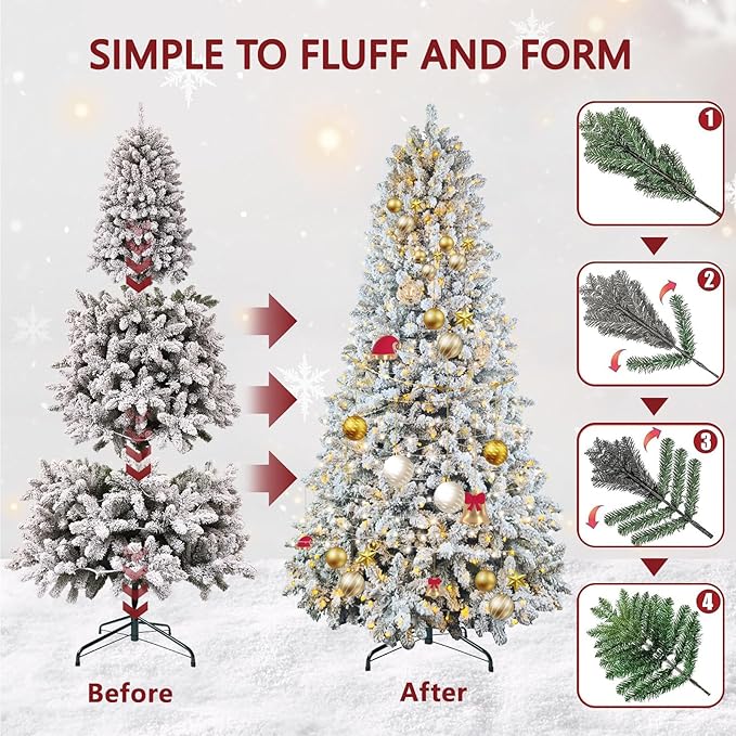 7.5ft Snow Flocked Christmas Tree Pre-lit with 798 Warm & Multi-Color Automatic Lights Christmas Tree with 1869 PVC Branch Tips Xmas Tree for Holiday Home Decor