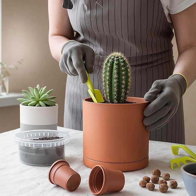 D'vine Dev Terracotta Pots for Plants, 6.5 Inch 8.3 Inch 10 Inch, Round Cylinder Planter Pot with Drainage and Saucer, 40-T-C-0