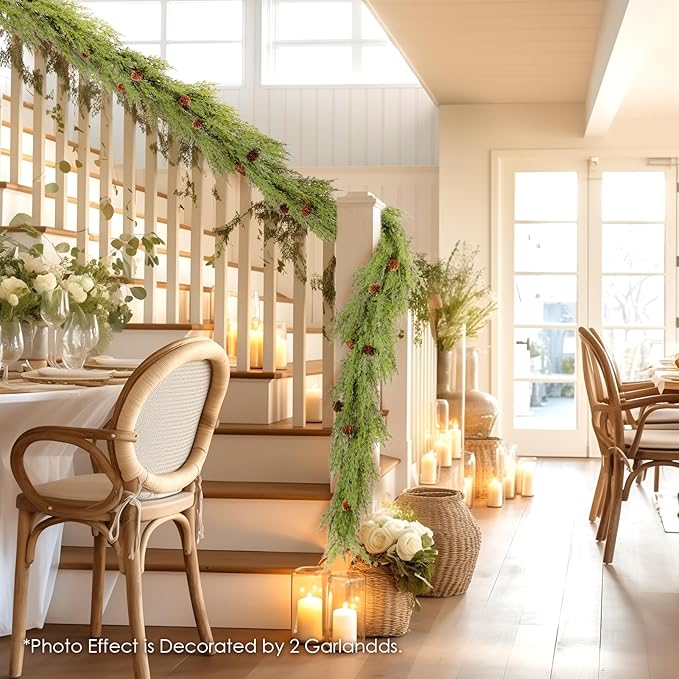 WBHome 2pcs Real Touch Cypress Cedar & Pine Cone Evergreen Garland for Christmas Holiday Seasonal Outdoor/Indoor Home Decor, 9FT Long