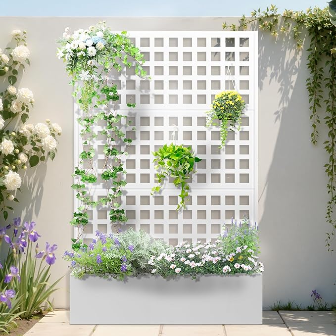 Metal Planter Box with Trellis, Planter Box with Privacy Screen, Privacy Trellis Outdoor for Climbing Plants with Drainage Holes, Raised Garden Bed for Vegetables