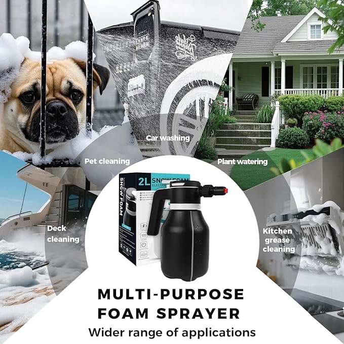 VSSOC Electric Foam Sprayer,2L Portable Rechargeable Cordless Pressurized Spray Foam Cannon, Easy Clean & Acid Resistant for Car Wash Detailing Garden Black