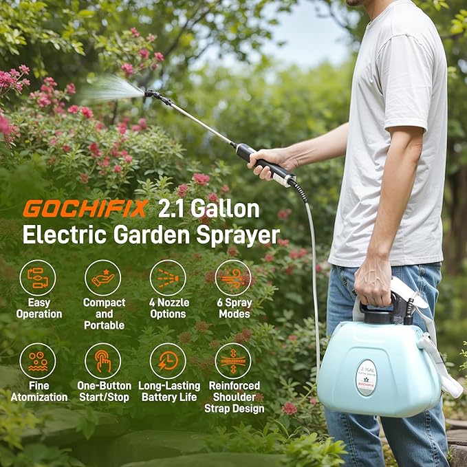 Electric Garden Sprayer 2.1 Gallon, 4 Mist Nozzles, Telescopic Wand, Adjustable Shoulder Strap, USB Rechargeable Waterproof Handle, Automatic Plant Mister for Lawn Garden