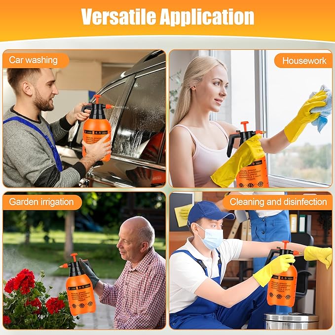 3 Pcs 1/2 Gallon Plastic Handheld Pump Sprayer – Garden Pressure Sprayer Bottle with Adjustable Nozzle for Plants, Cleaning, Household Tasks – Orange