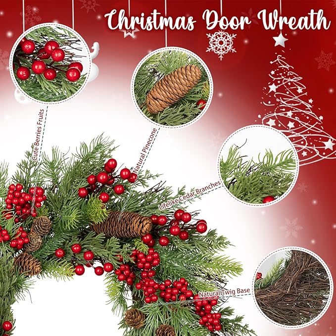 20 inch Christmas Wreath, Christmas Wreath for Front Door Christmas Door Wreaths with Red Berries Pine Cones Cedar Leaves Aritificial Wreath for Christmas Indoor Outdoor Decorations