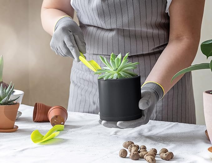 D'vine Dev 4 Pack 4 Inch Modern Plastic Plant Pots, Small Garden Planters for Plant with Drainage Holes and Saucers, Black Color, 74-Y-E-2