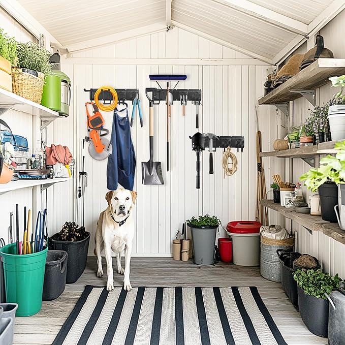 Garage Tool Organizer Wall Mount, Heavy Duty Garage Organization Tool Storage Utility Rack, Sturdy Storage Rack Hanger with Adjustable Hooks, Garden Tool Organizer for Shovel, Rake, Folding Chair