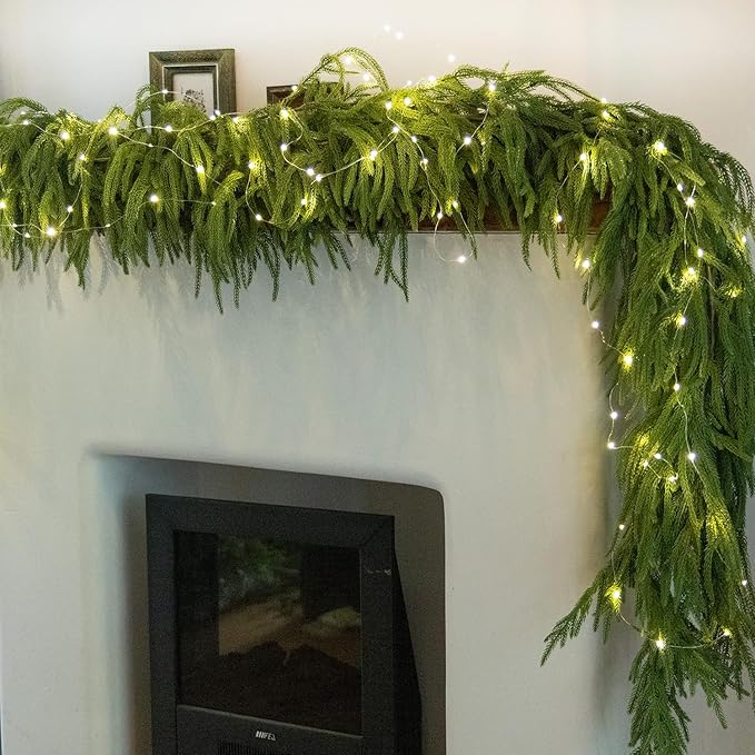 MISSPIN 14ft Christmas Garland with Lights, Real Touch Norfolk Pine Garland, Green Artificial Greenery Garland for Table, Mantle, Wall, Indoor, Outdoor Christmas Decorations