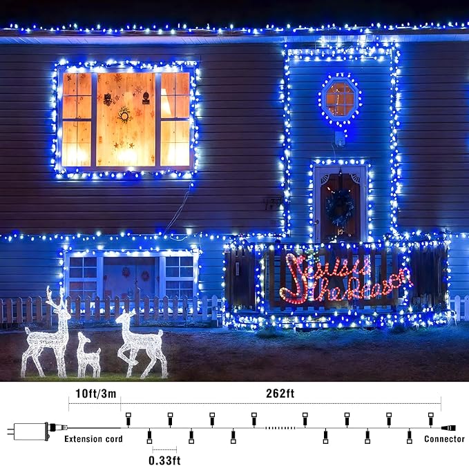 800 LED Christmas Lights Outdoor Indoor, String Lights for Outside with 8 Modes Waterproof, Plug in Twinkle Light Clear Wire for Xmas Tree, Patio, Garden, Party Decorations, Blue White