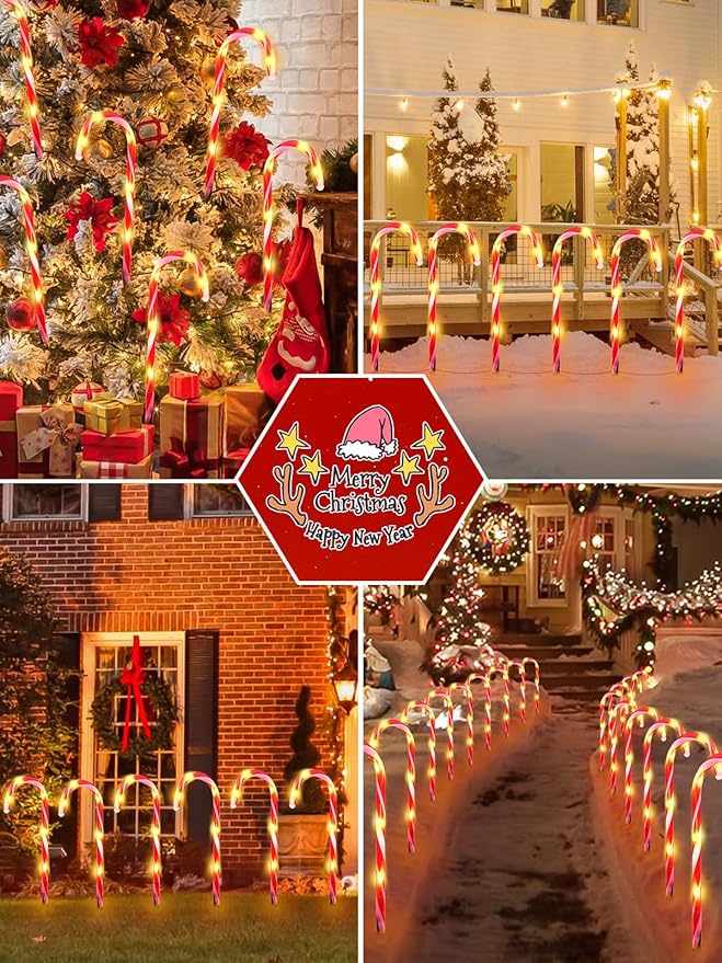 Upgraded 24 Pack Candy Cane Solar Christmas Lights Waterproof, Rechargeable Pathway Lights with Remote, Solar Powered & USB Charging Christmas Decorations Outdoor for Garden Lawn Yard Party