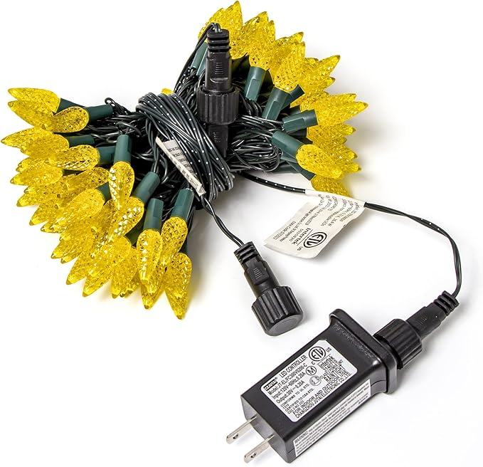 WATERGLIDE C6 Christmas Lights, 33ft 100 LED Faceted String Lights Green Wire Fairy Lights with 29V Safe Adaptor, 8 Lighting Mode, Waterproof for Indoor Outdoor Patio Xmas Tree Party Decor, Yellow