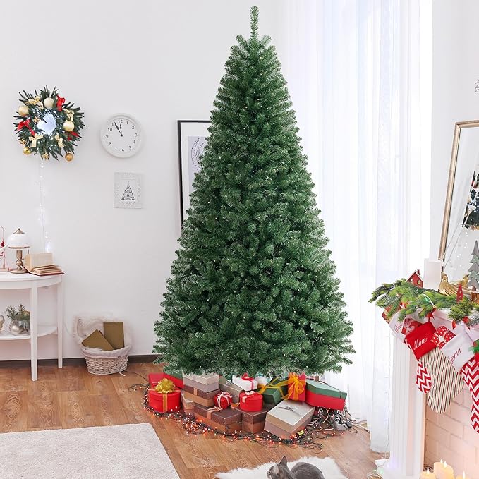 GOFLAME 8FT Prelit Artificial Christmas Tree, Hinged Xmas Tree with 1182 Branch Tips, 400 Warm White LED Lights, 8 Lighting Modes, Holiday Decoration Tree for Home Office Party