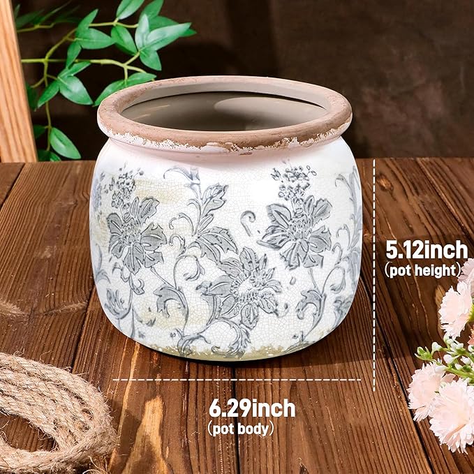 Ceramic Pot for Planter, Vintage Flower Pot with Drainage Holes, 6.29 inch Ice Crack Glazed Indoor Planters Pot (Old World)