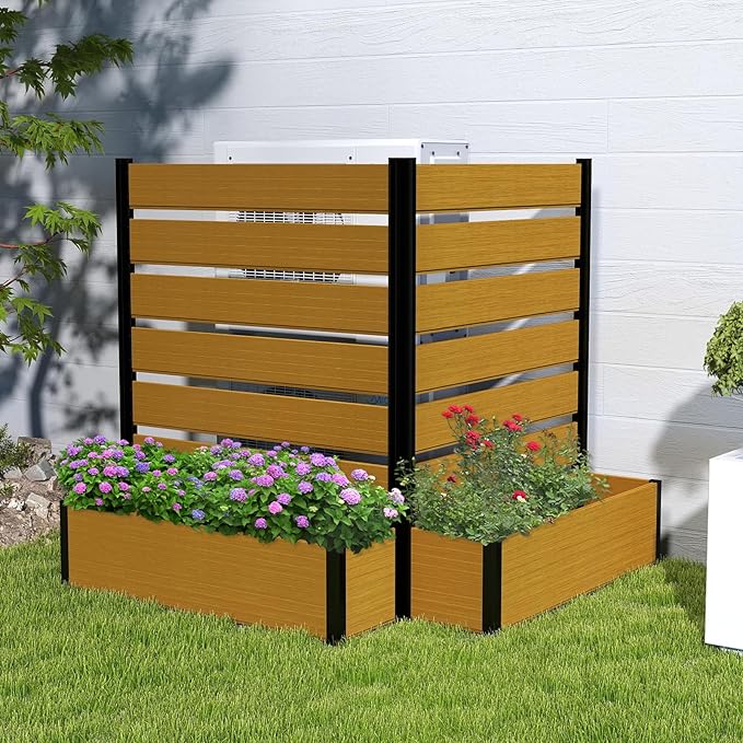 Vertical Screen Planter Bed - Raised Garden Box with Trellis for Climbing Plants, Durable Privacy Fence Planter for Outdoor, Patio, Deck Aluminum Frame, Yellow Teak with Base