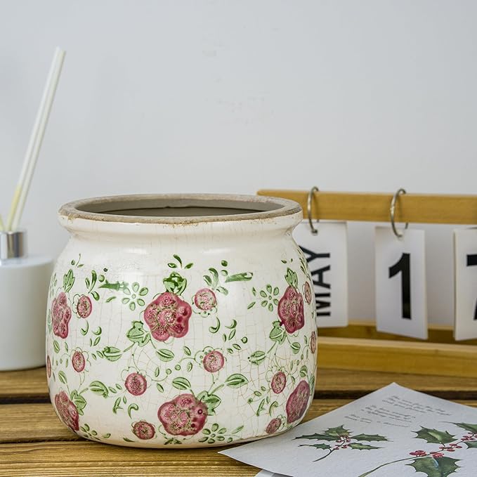 Ceramic Pot for Planter, Vintage Red Plum Flower Pot with Drainage Holes, 6.29 inch Ice Crack Glazed Indoor Planters Pot