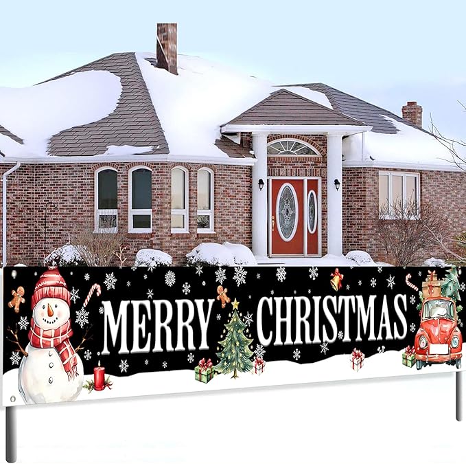 Happy Christmas Large Banner,Snowman Banner for Outside,Merry Christmas Truck Decorations for Yard Garden 120x20 Inches
