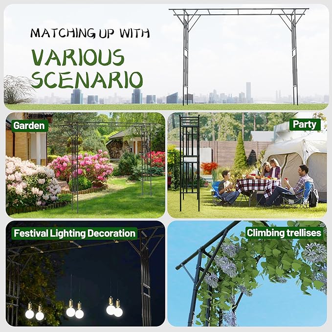 Flat Top Garden Arch Arbor Trellis, 11.81FT x 9.02FT Metal Pergola for Climbing Plants, Galvanized Steel Pipe with Plastic Coating, Decorations Pergola for Garden, Backyard, Lawn(Black)