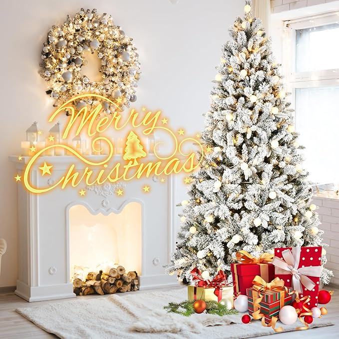 7.5FT Prelit Flocked Christmas Tree with 400 Two Color LED Lights and 45 Colorful Bauble Lights, 10 Flashing Modes, Pre Lit Artificial Christmas Tree with Snow and Memory Wire Technology for Holiday