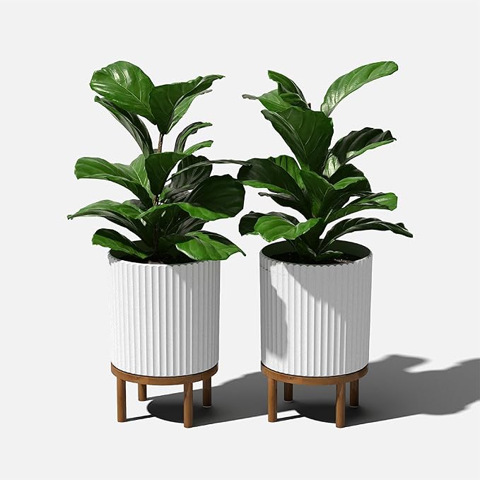 Veradek Demi Series Round Planter w/Stand for Porch/Patio | Durable Plastic-Stone Composite & Wooden Stand | Modern Décor for Tall Plants, Flowers