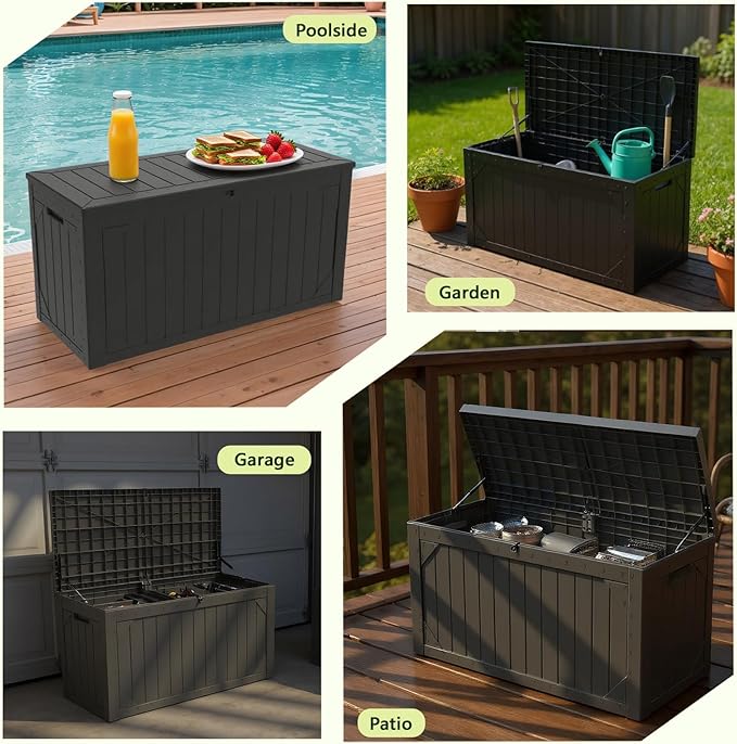 Outdoor Storage Box, 100 Gallon Deck Box Outdoor Storage Bench Outside Waterproof Resin Storage Bench, Lockable Patio Cushions, Garden Tools Storage For Furniture, UV Resistant(Black)